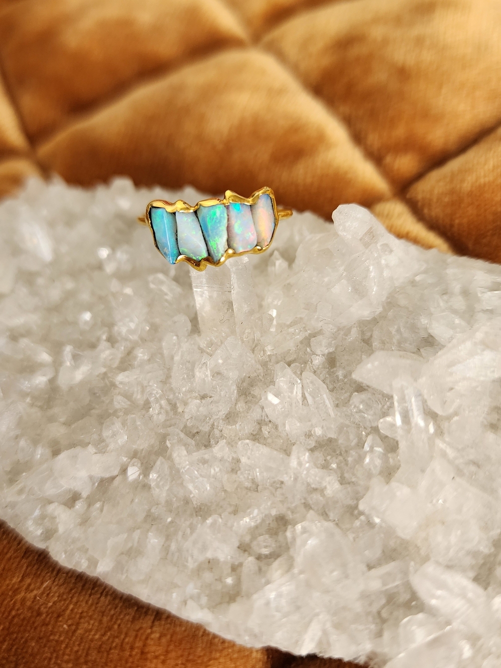 Australian Opal Bar Ring | Blue Green Gemstones | Gold-filled Band | Size 6.5 - Picture 4 of 10